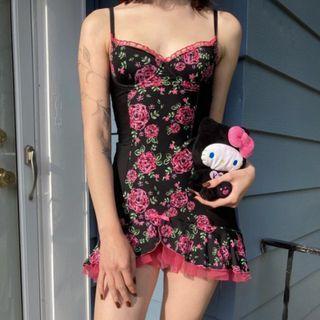 Rose Printed Spaghetti Strap Mini Dress