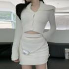Collared Cropped Cardigan / Mini Fitted Skirt