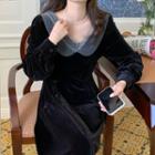 Long-sleeve Dotted Mesh Trim Midi A-line Velvet Dress Black - One Size