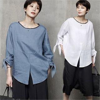 Tie-sleeve Slit-front Linen Top