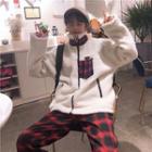 Plaid Panel Fleece Zip Jacket/ Wide-leg Pants