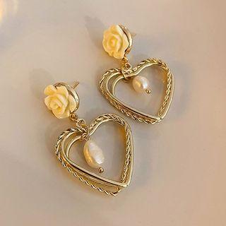 Rose Faux Pearl Heart Alloy Dangle Earring 1 Pair - Silver Stud - Gold - One Size