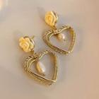 Rose Faux Pearl Heart Alloy Dangle Earring 1 Pair - Silver Stud - Gold - One Size