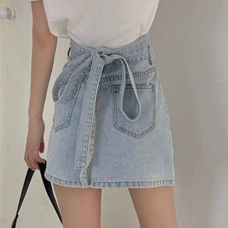Tie-back Denim Mini Skirt