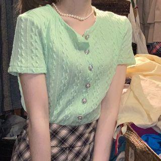Short-sleeve Cropped Cardigan Avocado Green - One Size
