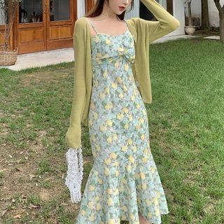 Spaghetti Strap Patterned Mini Mermaid Dress / Cardigan