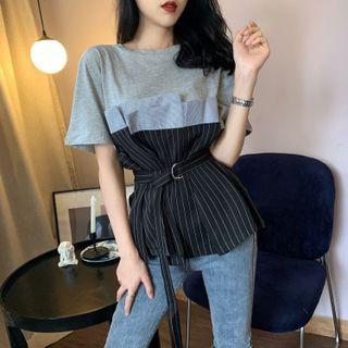 Mock Two-piece Pinstriped Panel T-shirt