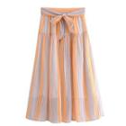 Striped Tie-waist Midi A-line Skirt