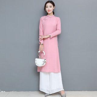 Set: Contrast Trim Qipao + Pain Wide-leg Pants