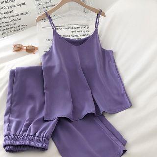 Set Of 2:spaghetti Strap Top + Plain Wide-leg Pants