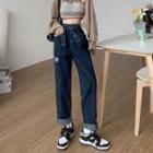High-waist Fray Trim Ripped Shift Jeans