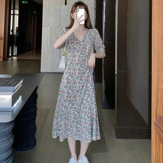 Short Sleeve Floral Print V-neck Chiffon Dress