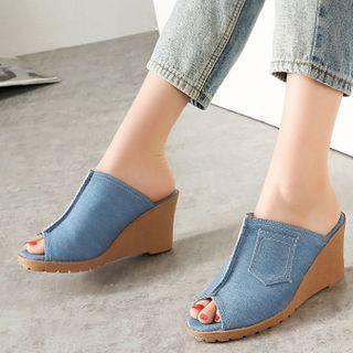 Peep-toe Denim Wedge Heel Slide Sandals