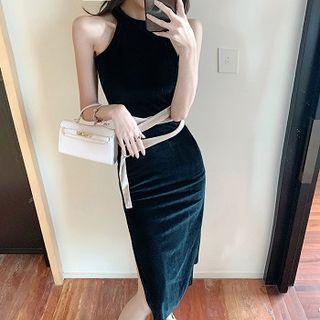Color-block Crewneck Halter Velvet Slim-fit Side-slit Sleeveless Dress