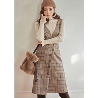 Wrap-front Glen-plaid Pinafore Dress