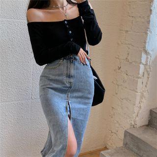 Off-shoulder Long-sleeve Top / Slit Midi Pencil Denim Skirt