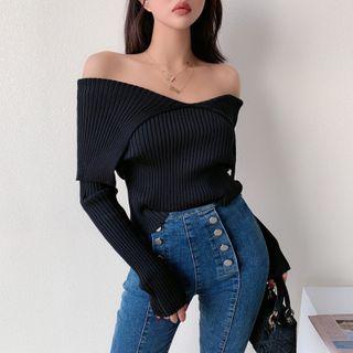 Long Sleeve Plain Off-shoulder Rib-knit Top