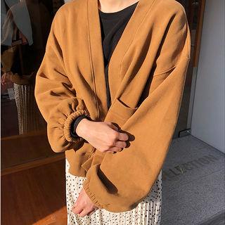 Elasticized-sleeve Brushed-fleece Lined Cardigan