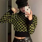 Mock-neck Checkerboard Cropped Sweater Black & Green - One Size