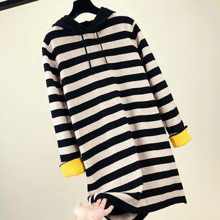 Long-sleeve Striped Hooded Shift Knit Dress
