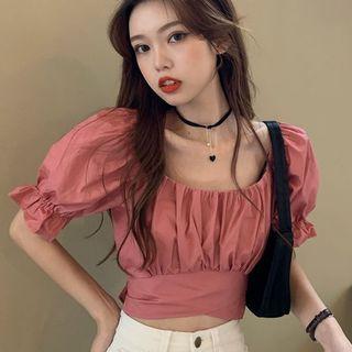 Puff-sleeve Cutout Tie-back Cropped Blouse