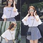 Set: Printed Elbow-sleeve T-shirt + Gingham A-line Skirt