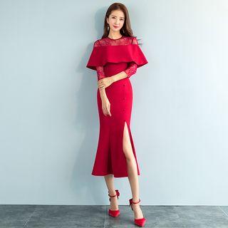 Lace Panel 3/4 Sleeve Evening Dress