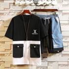 Set: Pocket Detail Short-sleeve T-shirt + Color Block Drawstring Shorts