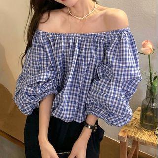 Elbow-sleeve Off-shoulder Plaid Top / Wide Leg Pants