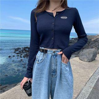 Round-neck Button-up Logo Embroidered Crop Top