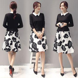Floral Print Panel Long-sleeve A-line Dress