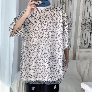 Short-sleeve Floral Print Sheer Panel T-shirt