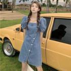 Puff-sleeve Square Neck Side Button Denim Mini Dress