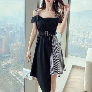 Short-sleeve Cold Shoulder Buckled Striped A-line Dress