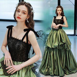 Spaghetti Strap Mesh Tiered Evening Gown