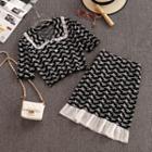 Set: Short-sleeve Patterned Knit Top + Skirt Set: Knit Top & Skirt - Black - One Size