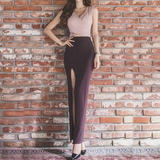 Color Panel Sleeveless Maxi Side Slit Dress