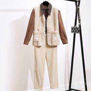 Faux Shearling Vest / Dotted Collar Shirt / Straight-fit Pants