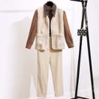 Faux Shearling Vest / Dotted Collar Shirt / Straight-fit Pants