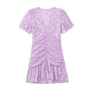 Short-sleeve V-neck Ruched Embroidered Mini A-line Dress