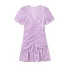 Short-sleeve V-neck Ruched Embroidered Mini A-line Dress