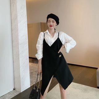 Long-sleeve Plain Shirt / Spaghetti-strap Asymmetric Plain Dress
