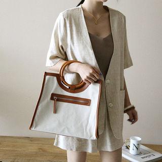 Collarless Short-sleeve Linen Blend Blazer