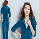 Set: Velvet Zip-up Hoodie + Straight-leg Sweatpants