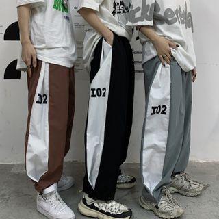 Numeral Print Color-block Wide Leg Drawstring Pants