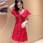 Flutter Sleeve V-neck Dotted Chiffon Dress