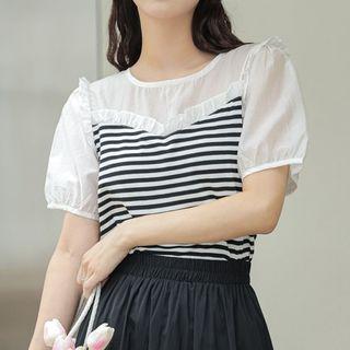 Puff-sleeve Striped Ruffled Panel Shirt