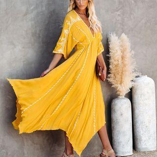 Elbow-sleeve Lace Trim Asymmetrical Maxi A-line Dress