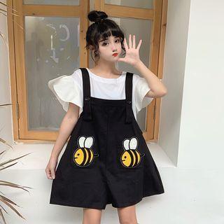 Ruffle Trim Short-sleeve T-shirt / Bee Embroidered Wide-leg Jumper Shorts