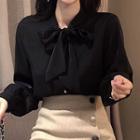 Plain Lace-up Long-sleeve Blouse